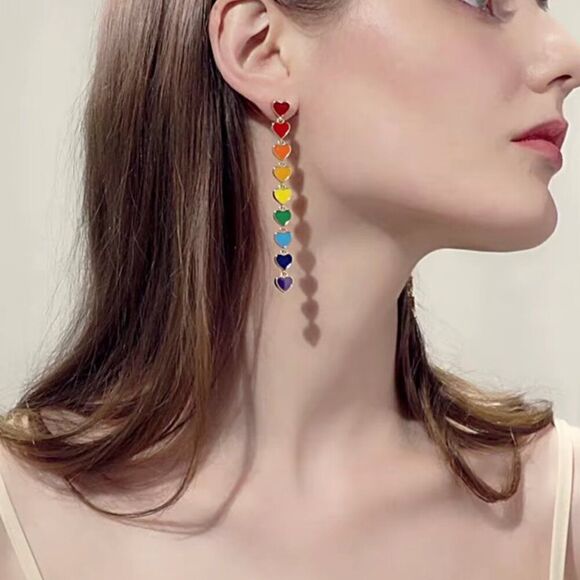 Rainbow Heart Dangle Earrings in Gold - Picture 3 of 6